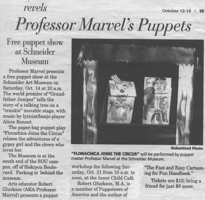 Ashland Daily Tidings newspaper article about Professor Marvel's Puppet Show